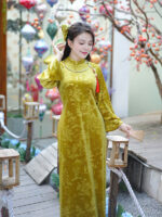 Áo dài nhung truyền thống khuy hoa sang trọng DHD01 - Hình ảnh 3
