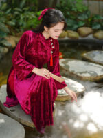 Áo dài nhung truyền thống khuy hoa sang trọng DHD07