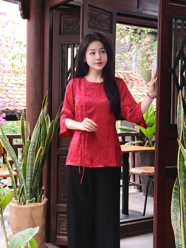 Bộ cách tân lụa gấm hải đường quanaodichua (3) Bộ cách tân nữ lụa gấm hoạ tiết hải đường HDH01 - Hình ảnh 1