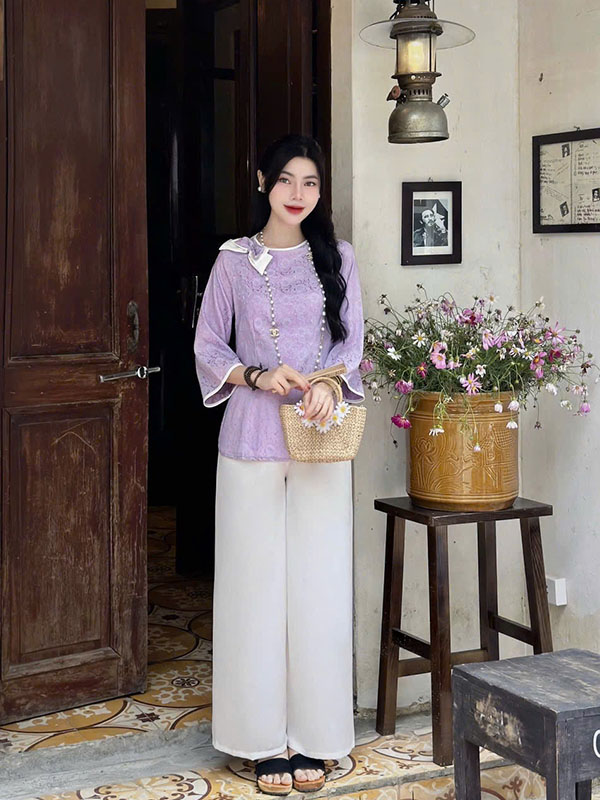 bộ cách tân nữ lụa gấm nơ quanaodichua (6) Bộ cách tân nữ lụa gấm kết nơ xinh xắn HNN03 - Hình ảnh 1
