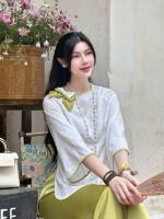 Bộ cách tân nữ lụa gấm kết nơ xinh xắn HNN04