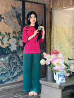 Bộ đồ lam nữ lụa gấm phối nơ nhung TDN02 - Hình ảnh 3