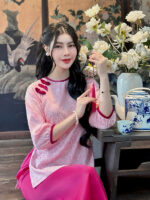 Bộ đồ lam nữ lụa gấm phối nơ nhung TDN03