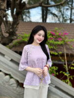 Bộ đồ lam nữ lụa gấm tơ cổ tết kết nơ HLT04