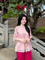 Bộ đồ lam nữ lụa gấm tơ cổ tết kết nơ HLT01