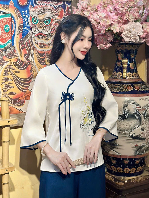 bộ pháp phục nữ đũi thái quanaodichua (9) Bộ pháp phục nữ đũi thái cao cấp thêu đàn TDT02 - Hình ảnh 1