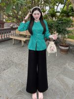 Bộ bà ba cách tân nữ lụa gấm khuy ngọc PHB02 - Hình ảnh 2