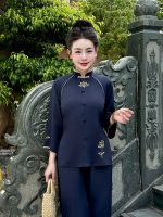 Bộ đồ lam nữ lụa tuyết thêu 3 chi tiết THT02 - Hình ảnh 3
