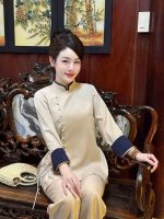 Bộ phật tử nữ đũi thái cao cấp phối viền THT03