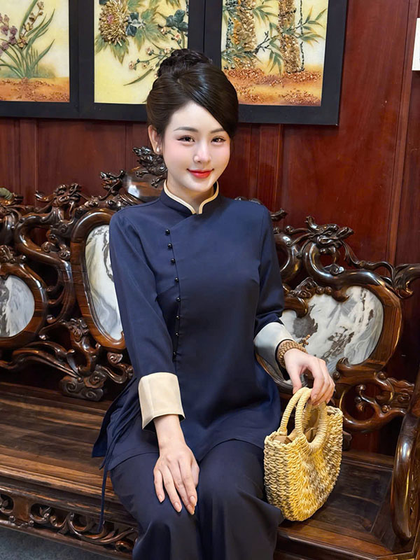 bộ phật tử nữ tay viền quanaodichua (21) Bộ phật tử nữ đũi thái cao cấp phối viền THT02 - Hình ảnh 1